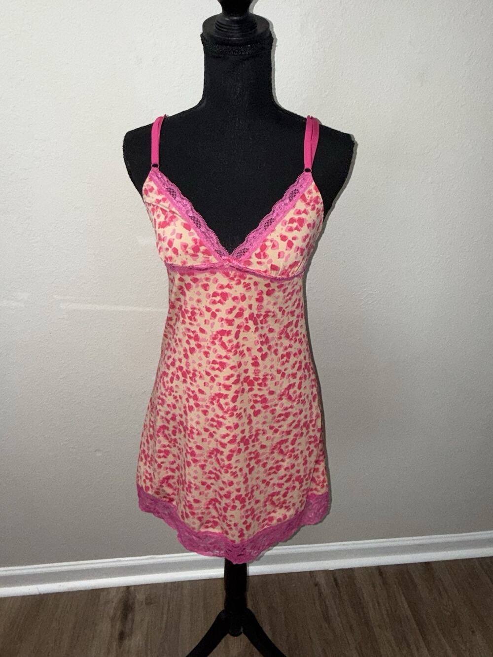 Vintage Rampage Pink Animal Print Satin Slip Chemise Small Lingerie Nightie Y2K